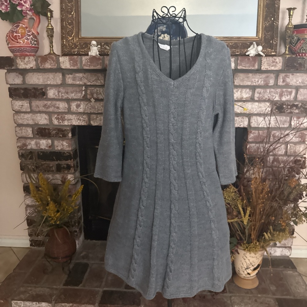 Ny Women’s Gray Cable Knit 3/4 Sleeve Sweater A-line Dress